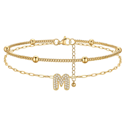 Bracelet de Cheville Double Chaîne à Perles et Initial Strass