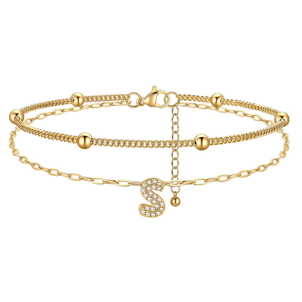 Bracelet de Cheville Double Chaîne à Perles et Initial Strass