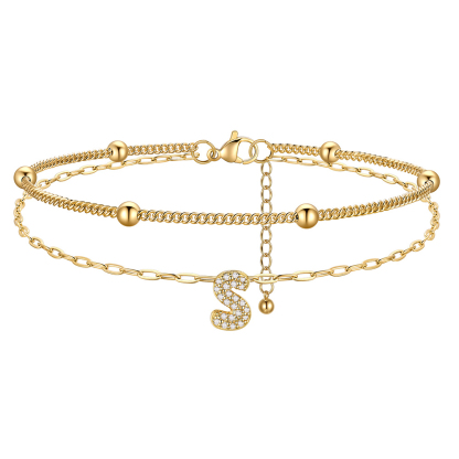 Bracelet de Cheville Double Chaîne à Perles et Initial Strass