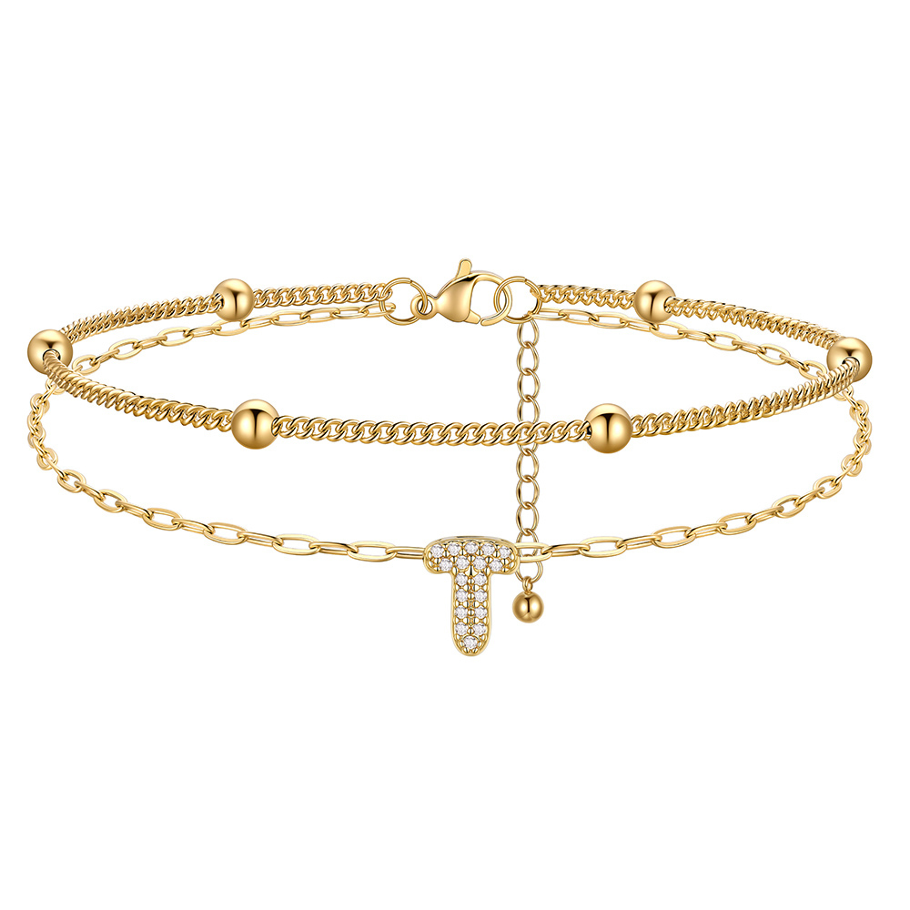 Bracelet de Cheville Double Chaîne à Perles et Initial Strass