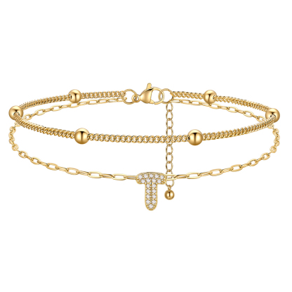 Bracelet de Cheville Double Chaîne à Perles et Initial Strass