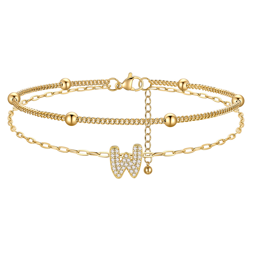 Bracelet de Cheville Double Chaîne à Perles et Initial Strass