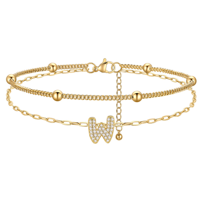 Bracelet de Cheville Double Chaîne à Perles et Initial Strass