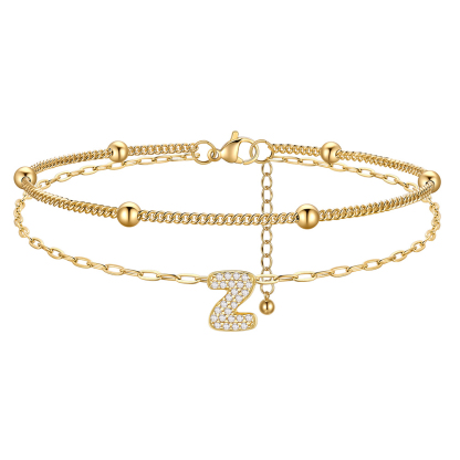 Bracelet de Cheville Double Chaîne à Perles et Initial Strass