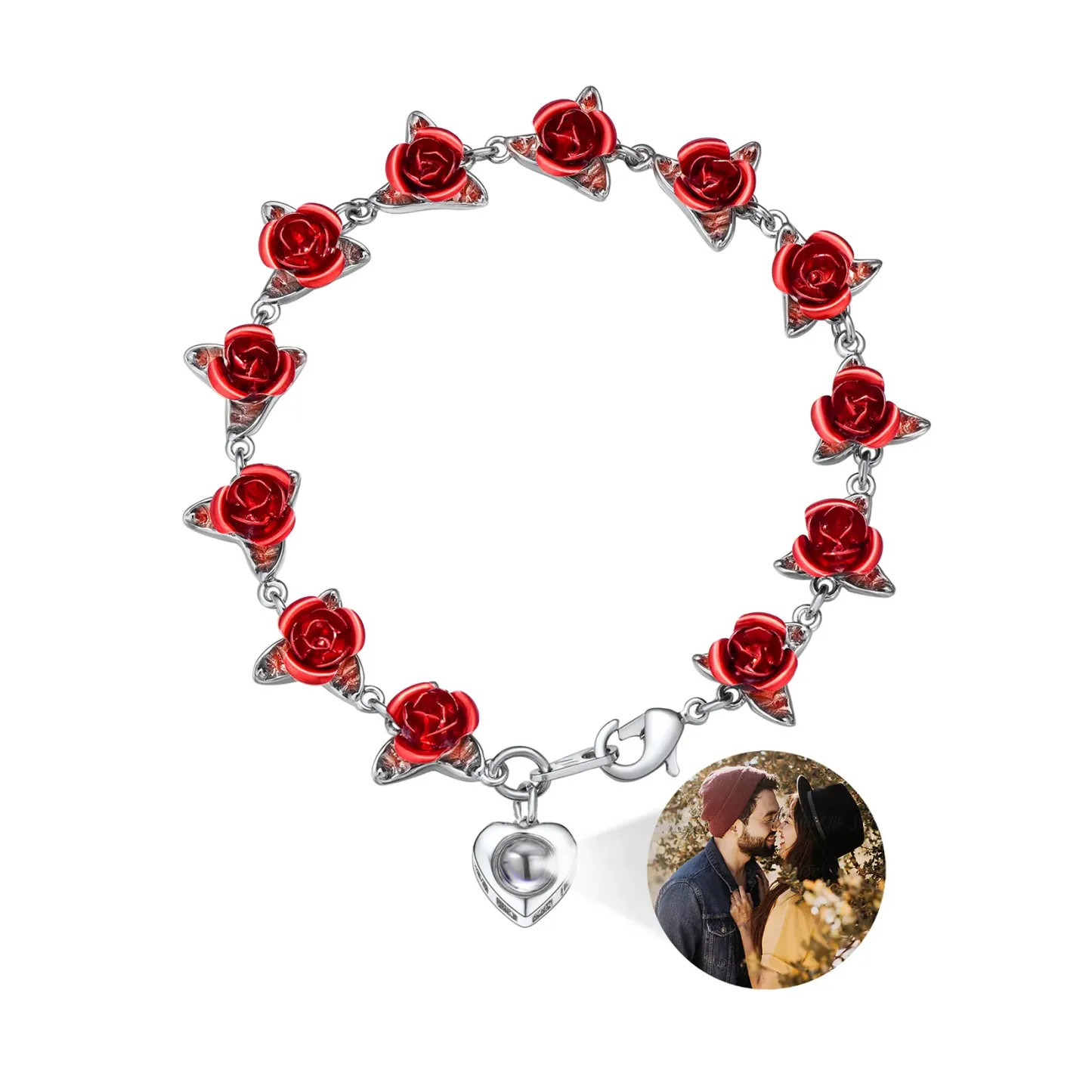 Bracelet Femme Personnalisé avec Photo et Roses Symboliques Argenté