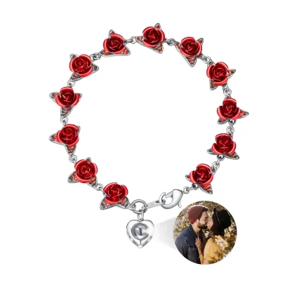 Bracelet Femme Personnalisé avec Photo et Roses Symboliques Argenté