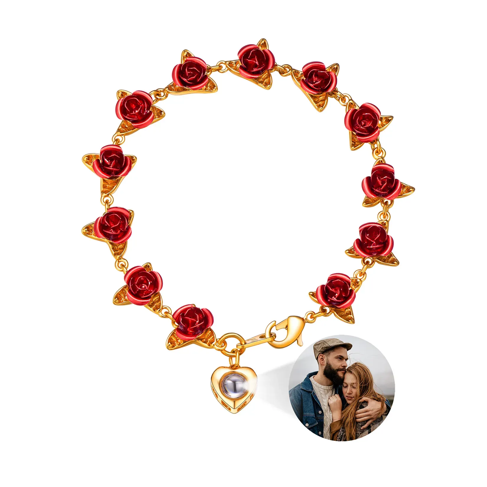 Bracelet Femme Personnalisé avec Photo et Roses Symboliques Or