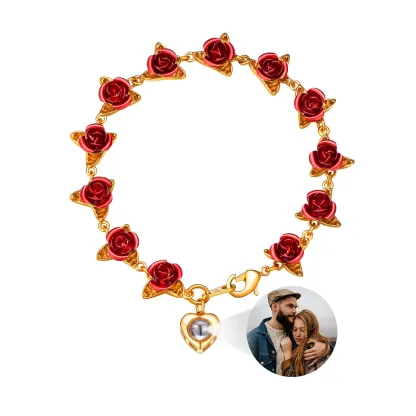 Bracelet Femme Personnalisé avec Photo et Roses Symboliques Or