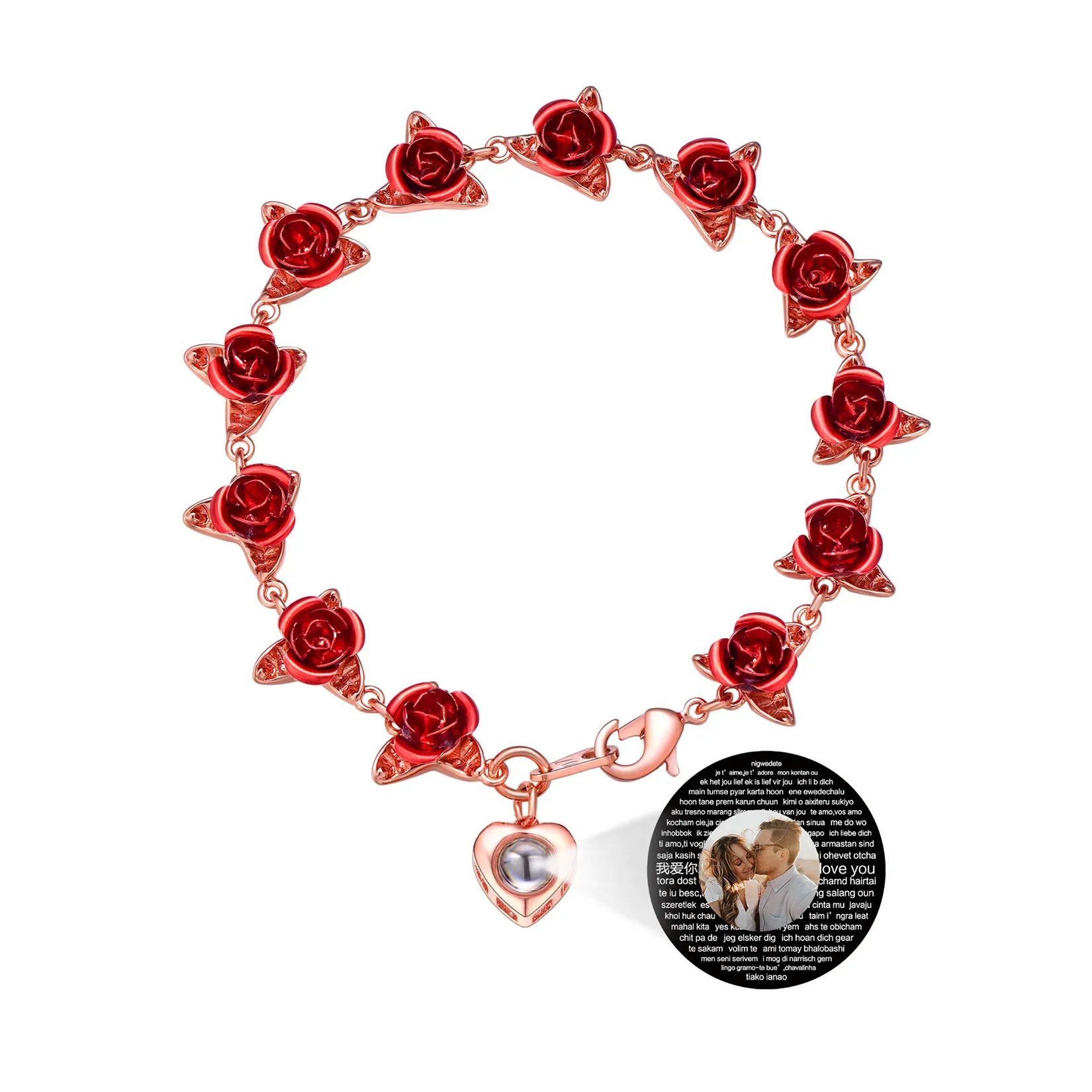 Bracelet Femme Personnalisé avec Photo et Roses Symboliques Or Rose