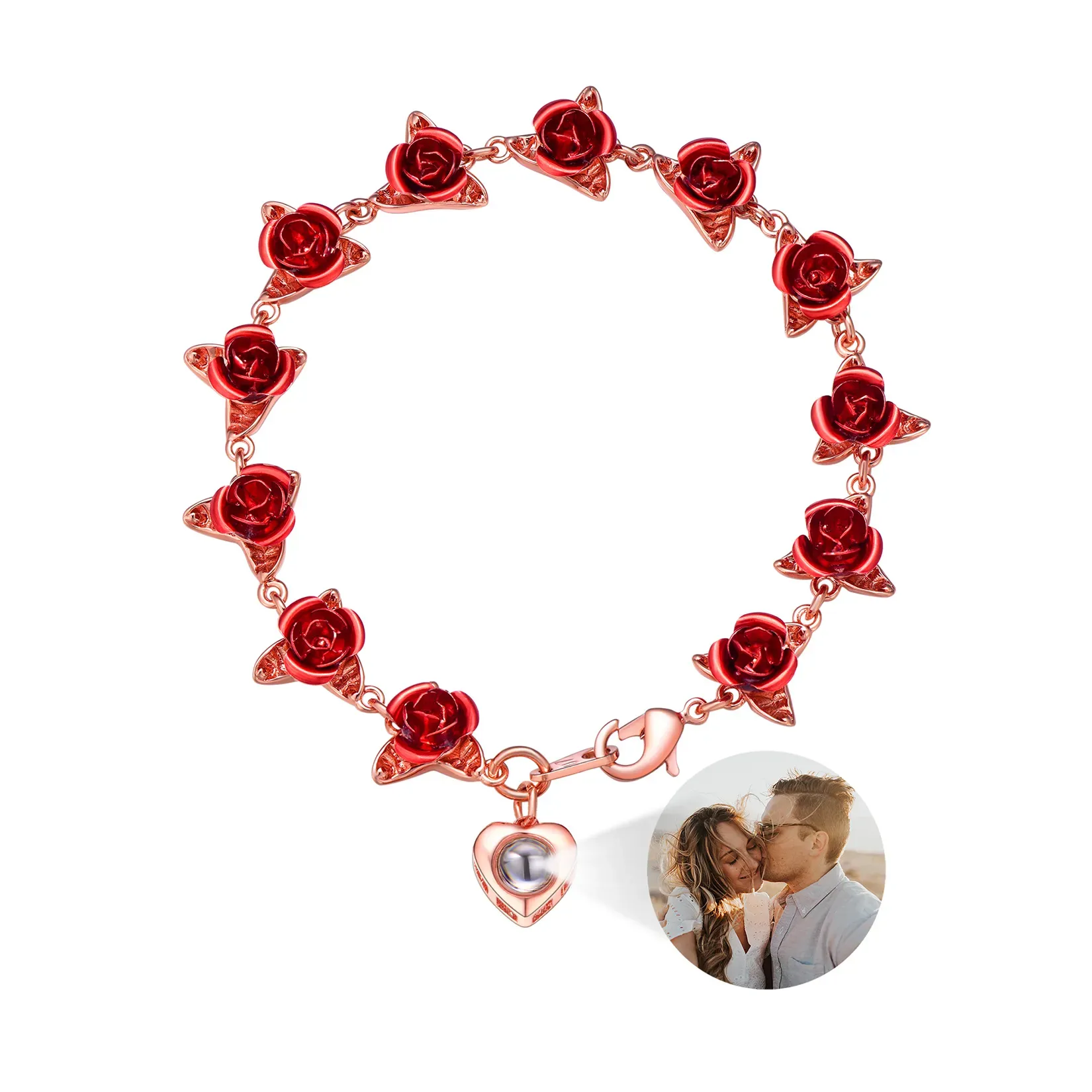 Bracelet Femme Personnalisé avec Photo et Roses Or Rose
