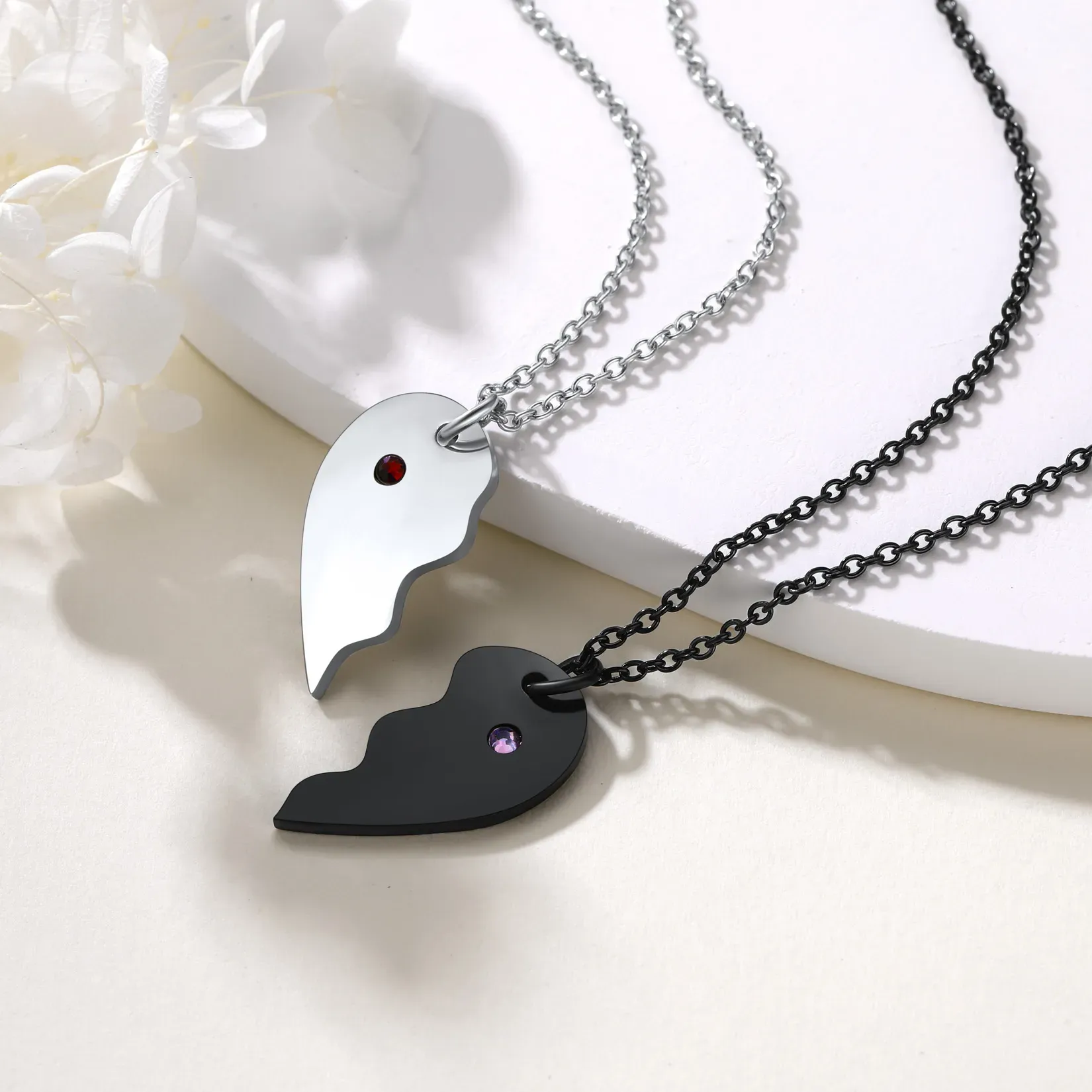 Collier Puzzle Coeur Gravé avec Pierre de Naissance pour Couple