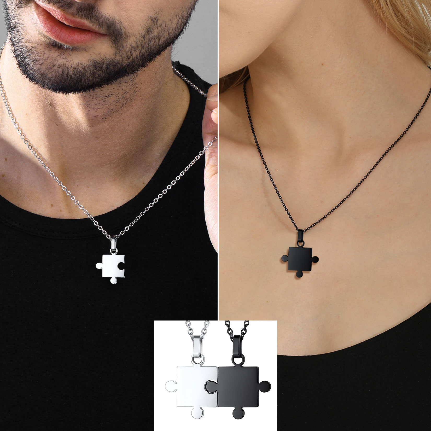 Collier Pendentif Puzzle Gravé en Acier Inoxydable