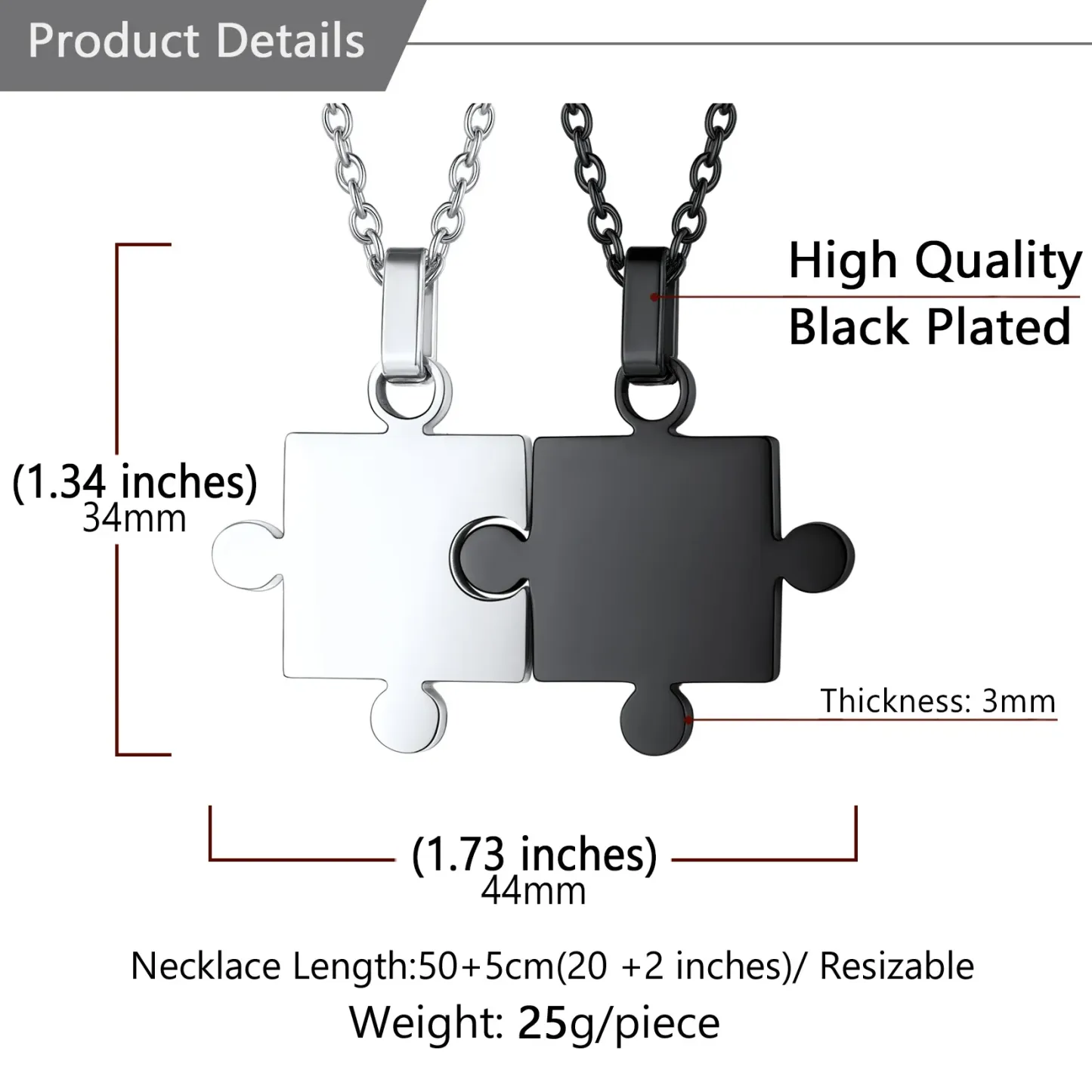 Collier Pendentif Puzzle Personnalisé Gravé en Acier Inoxydable Taille