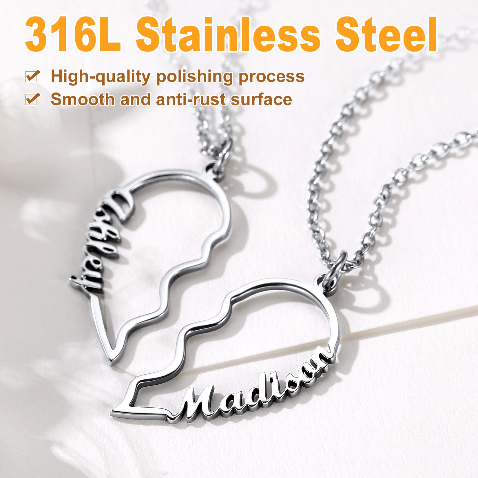 Colliers Pendentifs Assortis Cœur Personnalisés avec Noms Gravés Détail