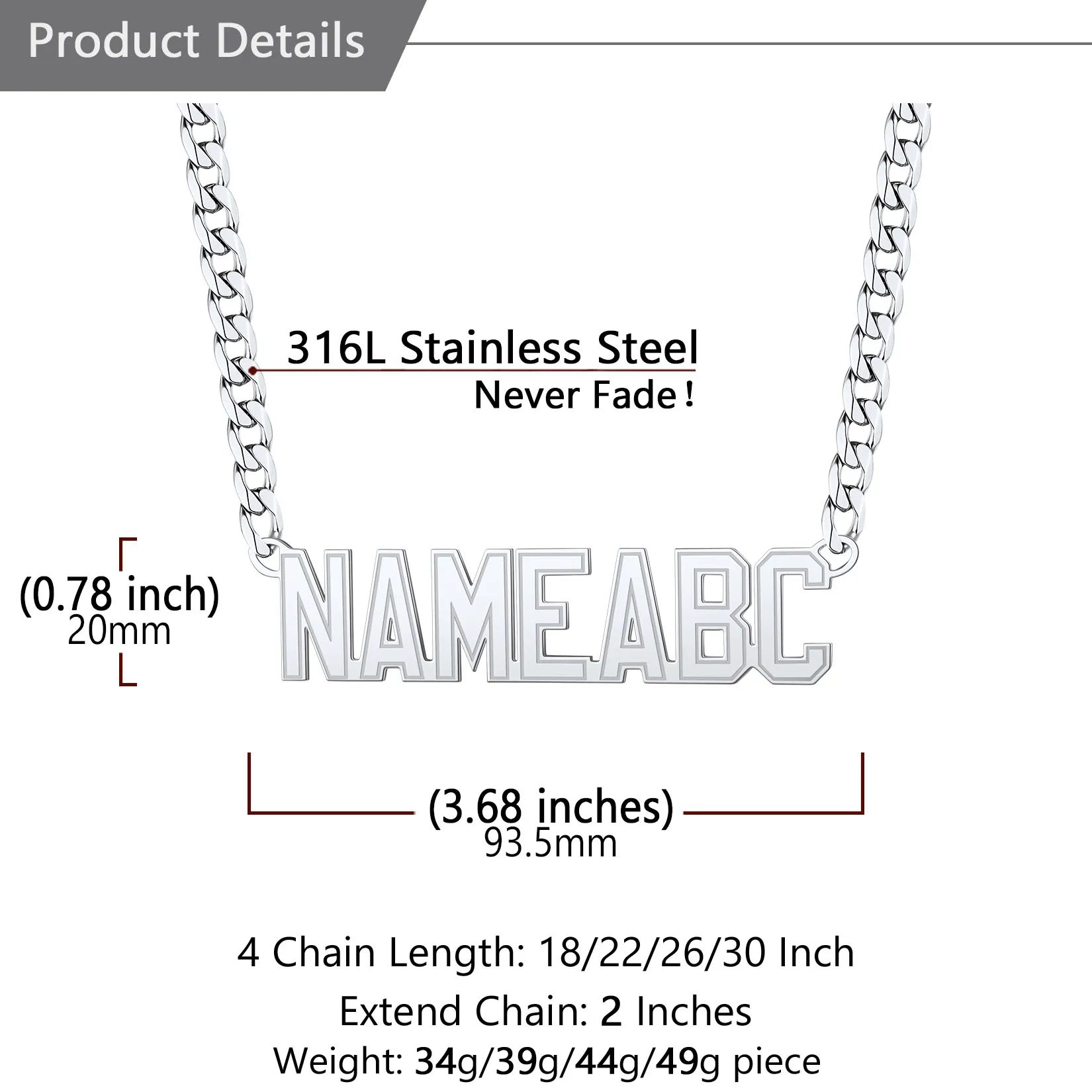 Colliers avec Pendentif Nom Personnalisé pour Hommes Taille