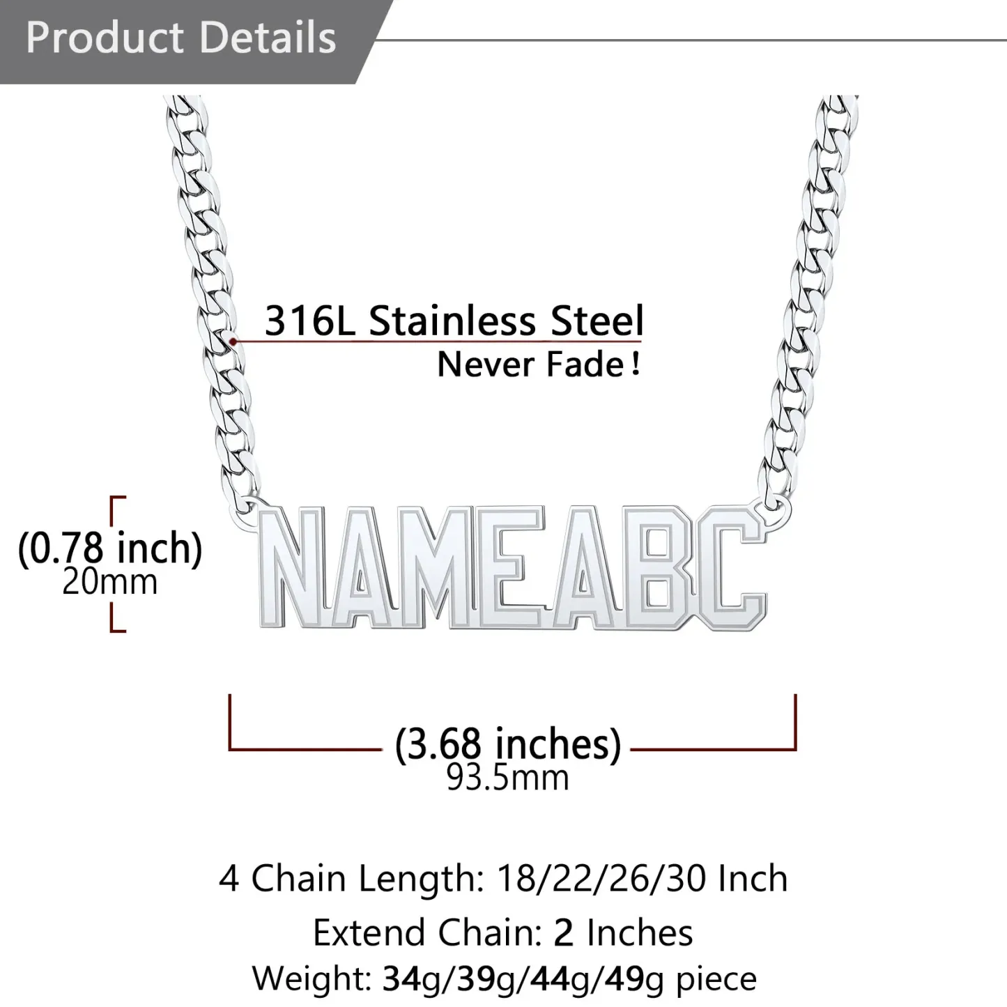 Colliers avec Pendentif Nom Personnalisé pour Hommes Taille