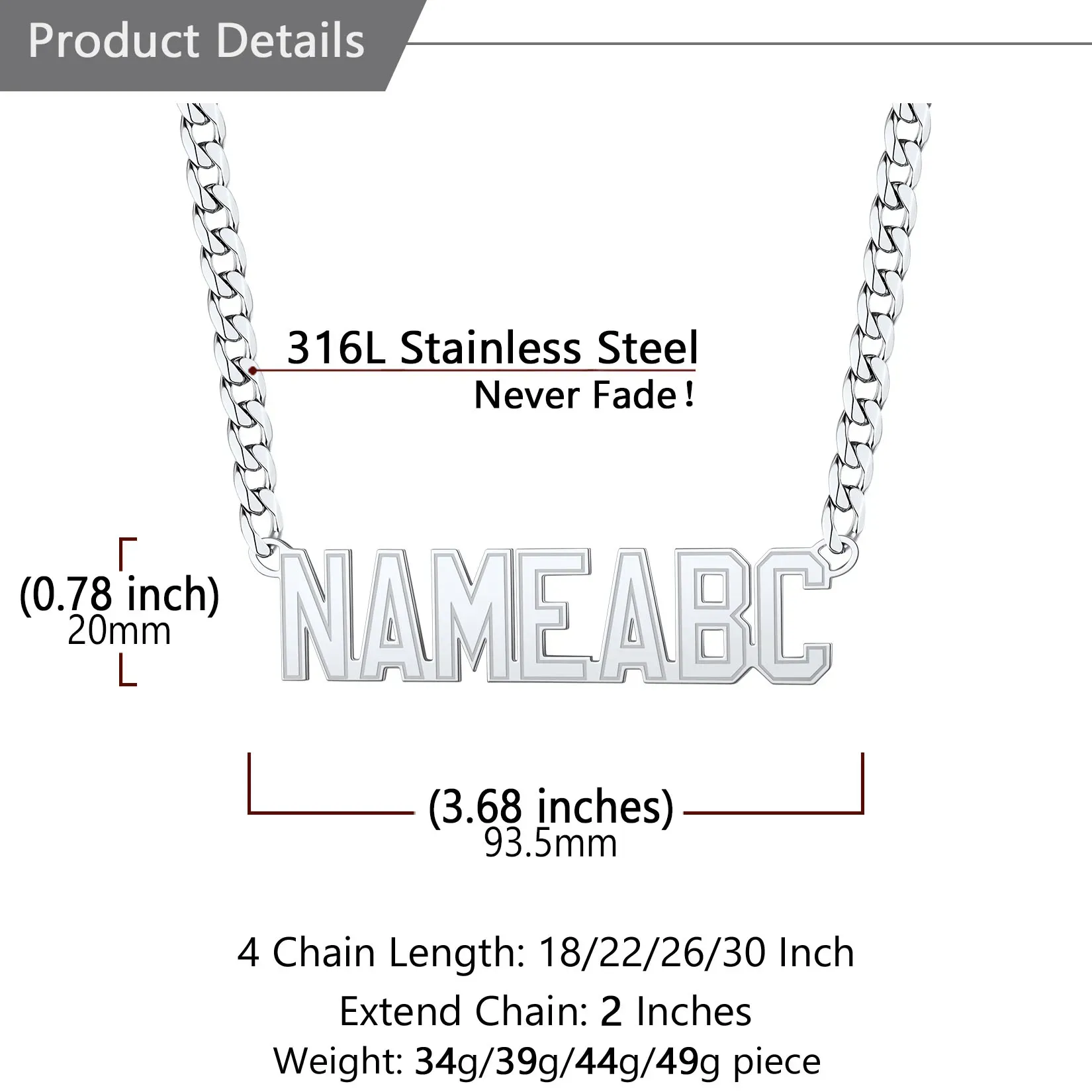 Colliers avec Pendentif Nom Personnalisé pour Hommes Taille