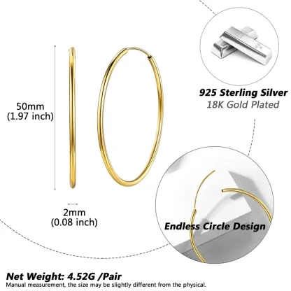 Boucles d'Oreilles Rondes en Argent Sterling 925 pour Femmes Taille 50mm