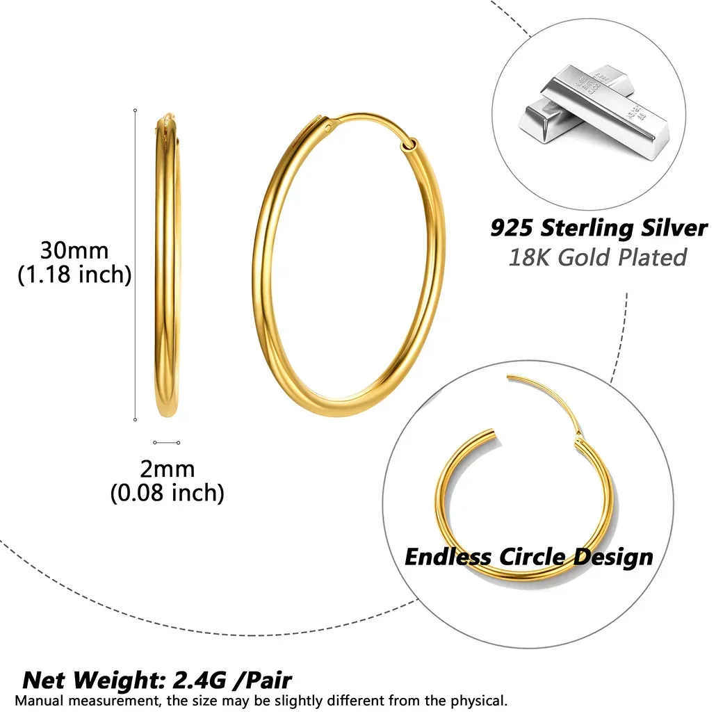 Boucles d'Oreilles Rondes en Argent Sterling 925 pour Femmes Taille 30mm