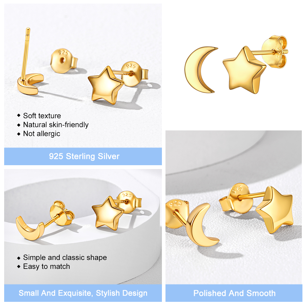 Boucles d’Oreilles Étoile et Lune en Argent Sterling pour Femme Détail