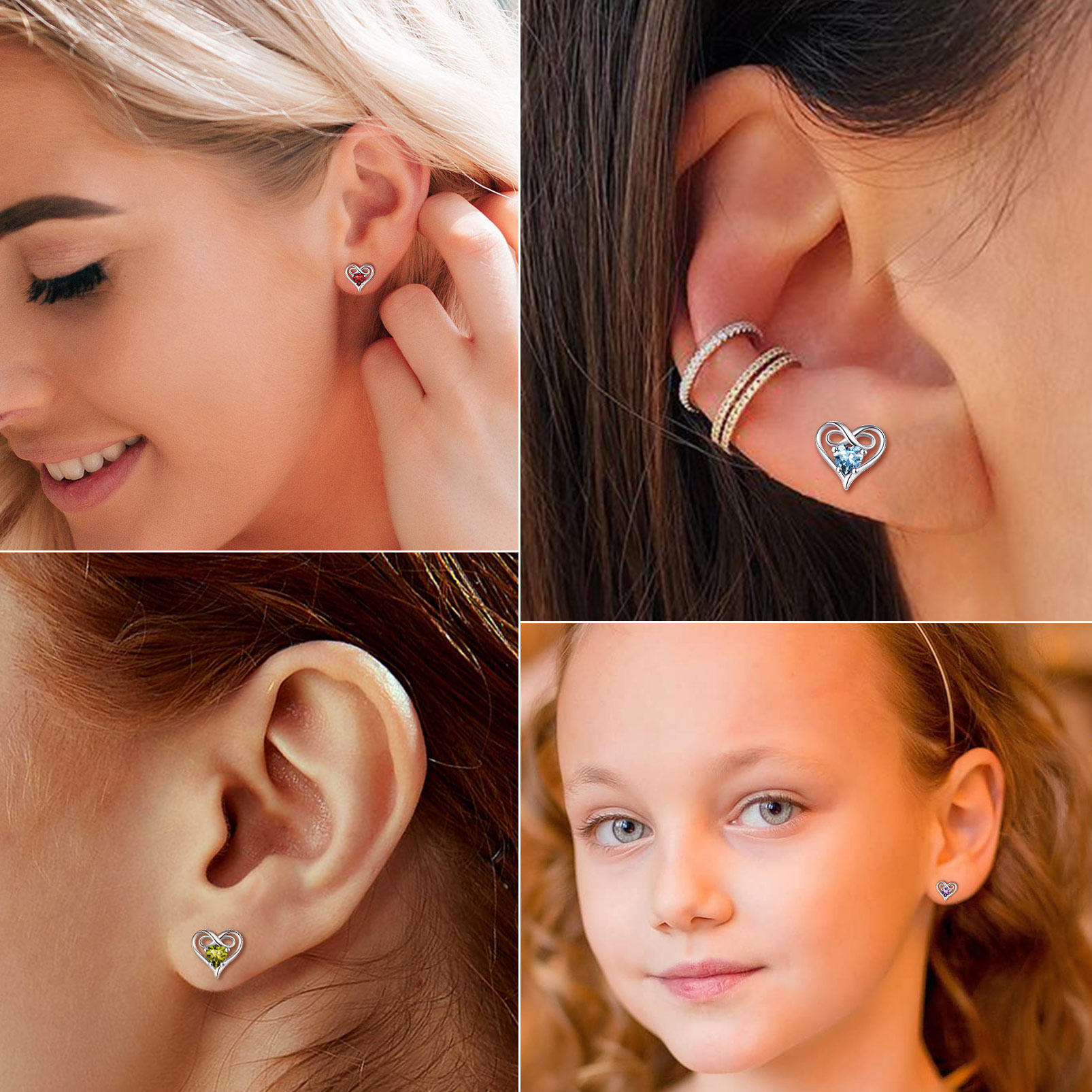 Boucles d'Oreilles Infini Cœur avec Pierre de Naissance pour Femme