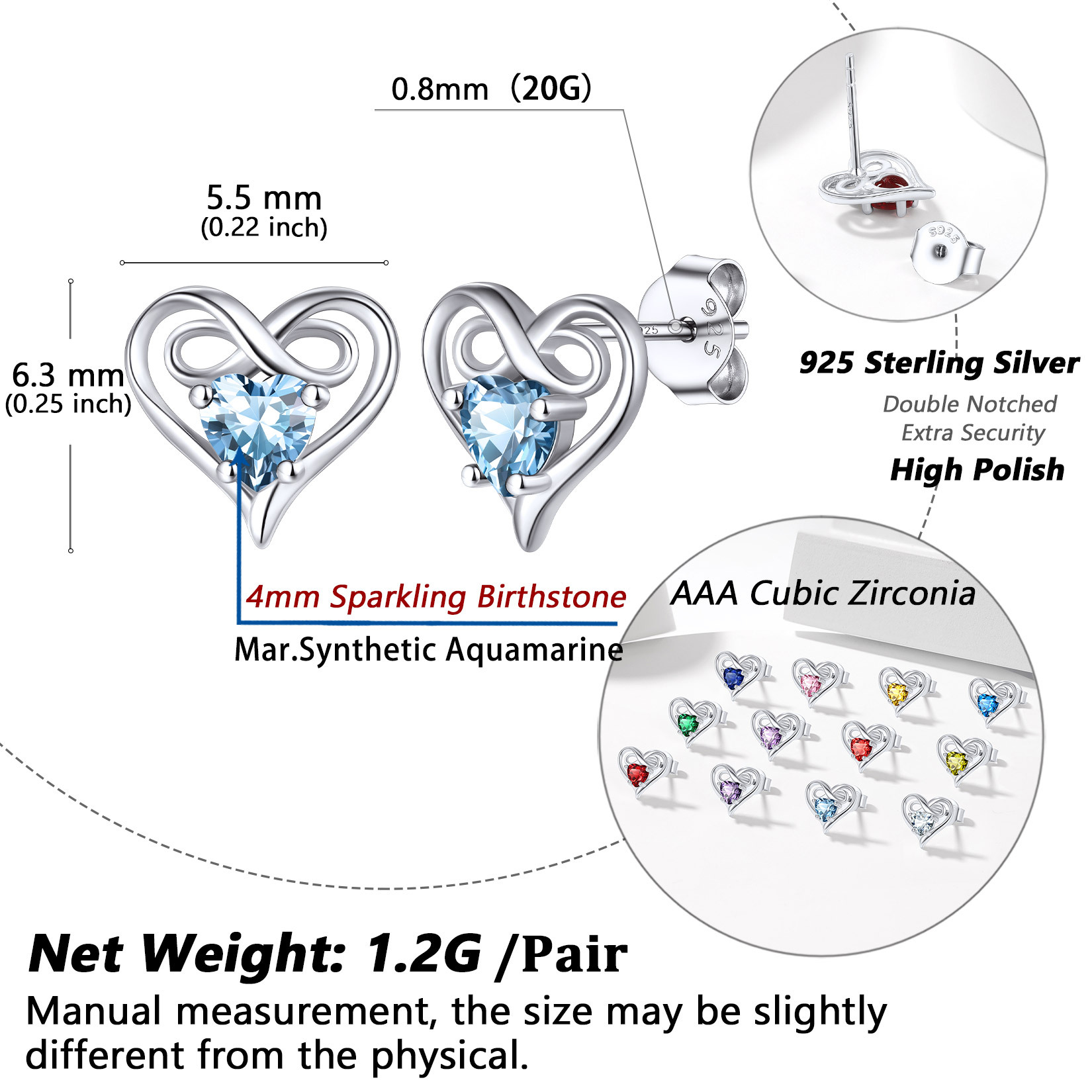 Boucles d'Oreilles Stud Infini Cœur avec Pierre de Naissance Taille