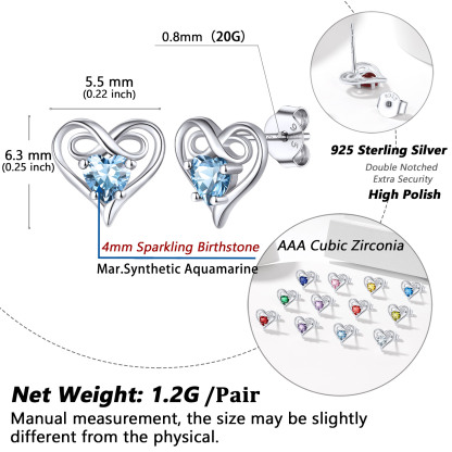 Boucles d'Oreilles Stud Infini Cœur avec Pierre de Naissance Taille