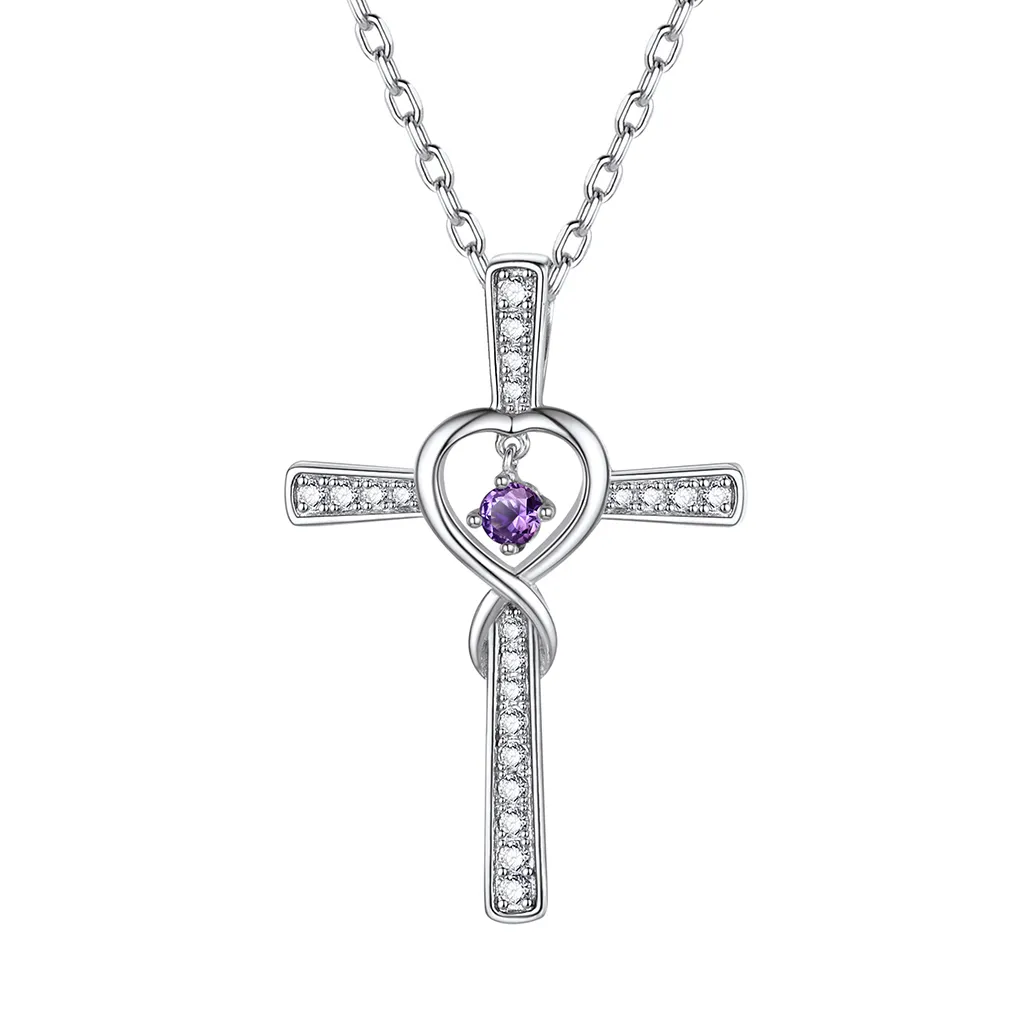Collier Croix Infini avec Pierre de Naissance en Argent Sterling Février-Améthyste