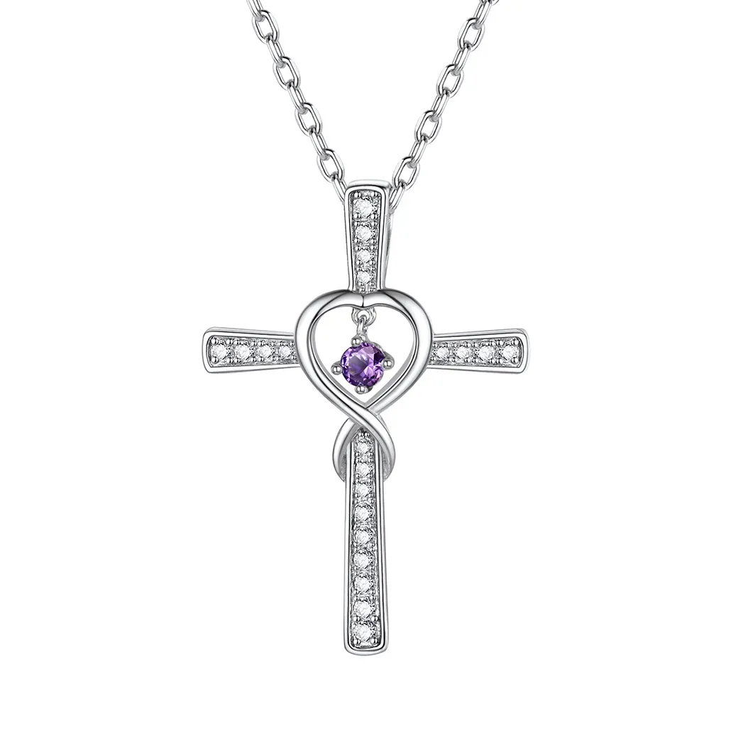 Collier Croix Infini avec Pierre de Naissance en Argent Sterling Février-Améthyste