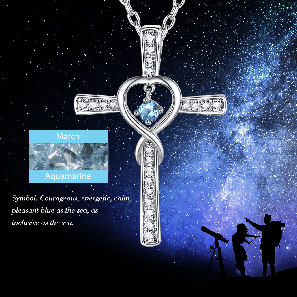 Collier Croix Infini avec Pierre de Naissance  Mars-Aiguemarine