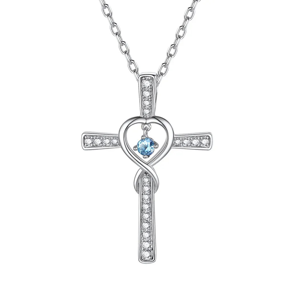Collier Croix Infini avec Pierre de Naissance en Argent Sterling Mars-Aiguemarine