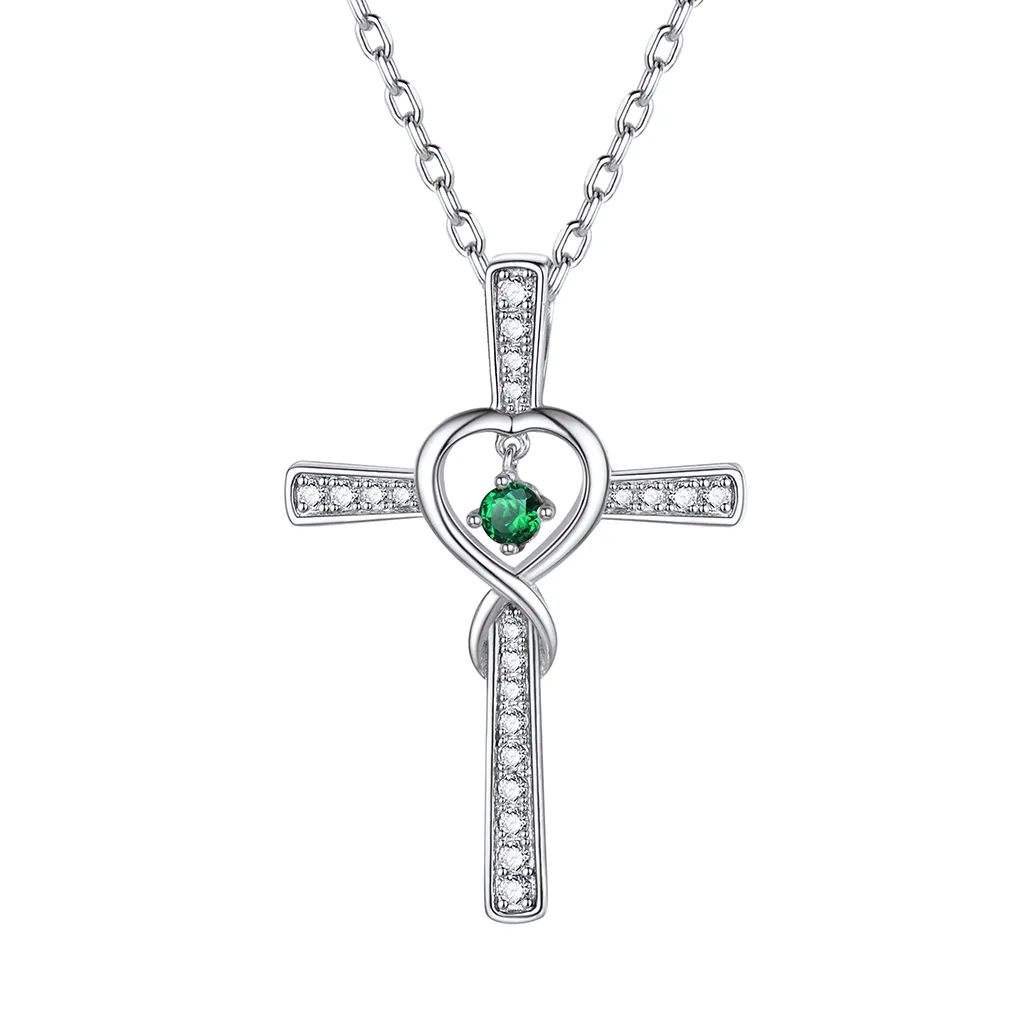Collier Croix Infini avec Pierre de Naissance en Argent Sterling Mai-Emeraude