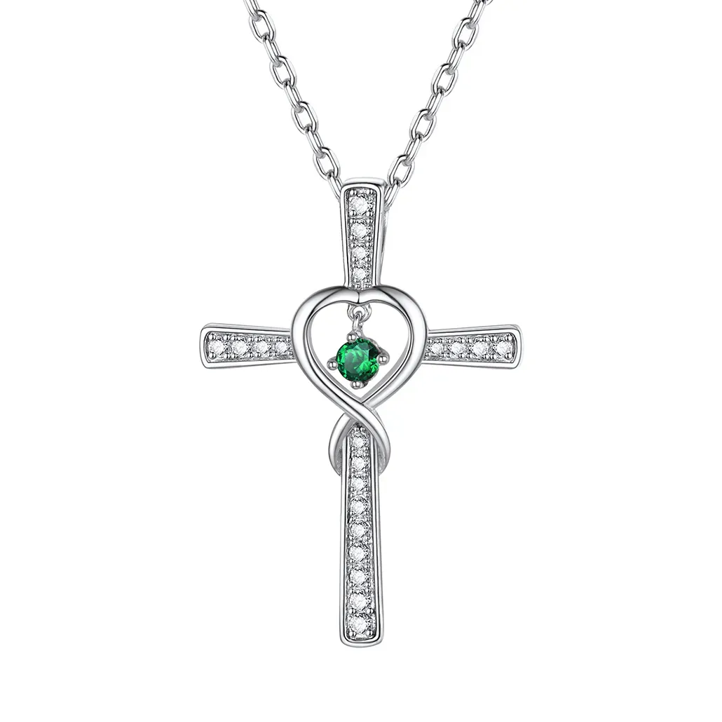 Collier Croix Infini avec Pierre de Naissance en Argent Sterling Mai-Emeraude