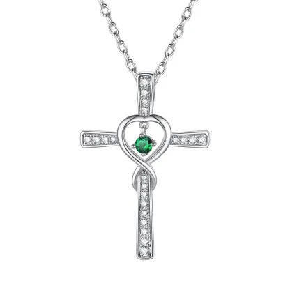 Collier Croix Infini avec Pierre de Naissance en Argent Sterling Mai-Emeraude