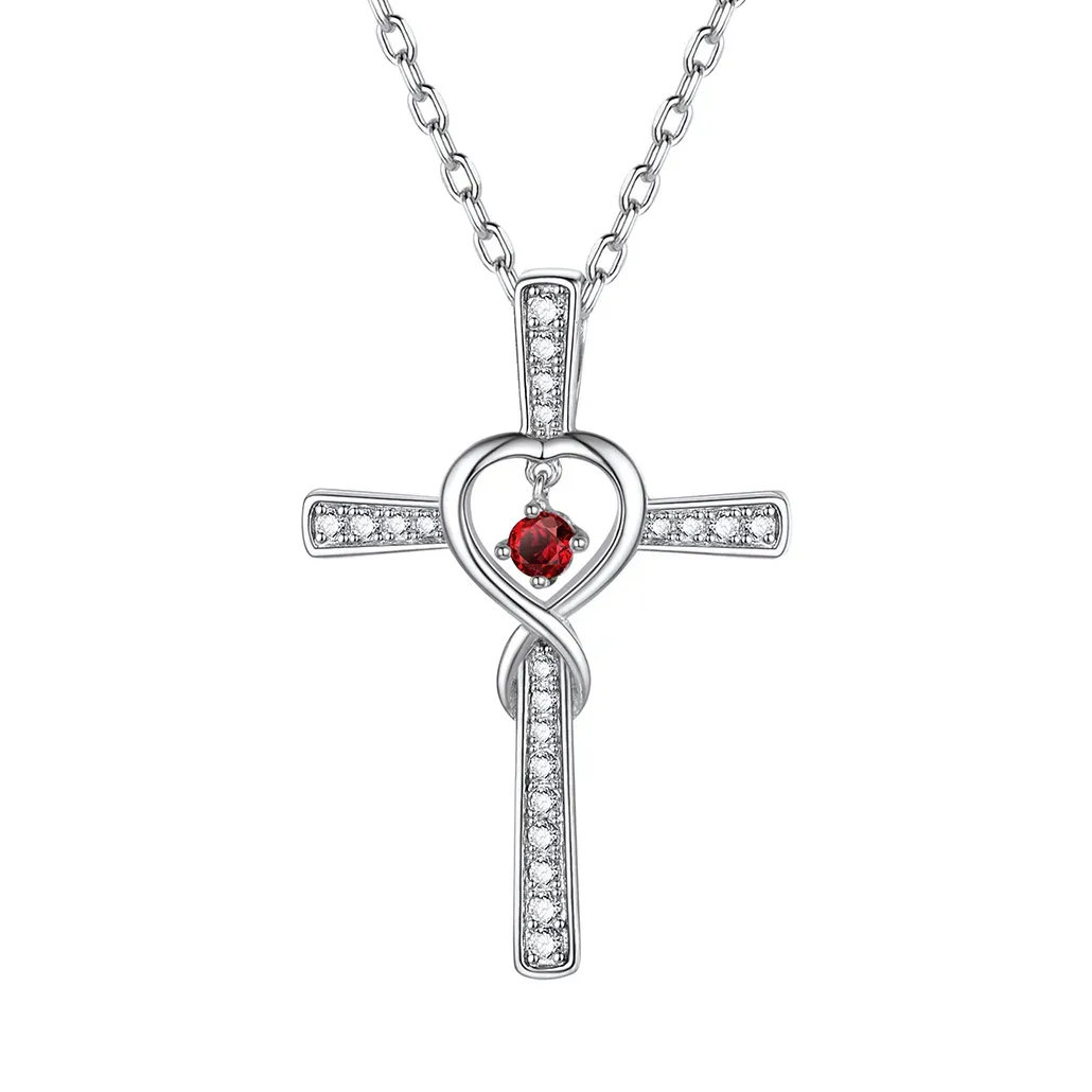 Collier Croix Infini avec Pierre de Naissance en Argent Sterling Janvier-Grenat