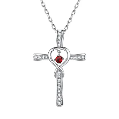 Collier Croix Infini avec Pierre de Naissance en Argent Sterling Janvier-Grenat