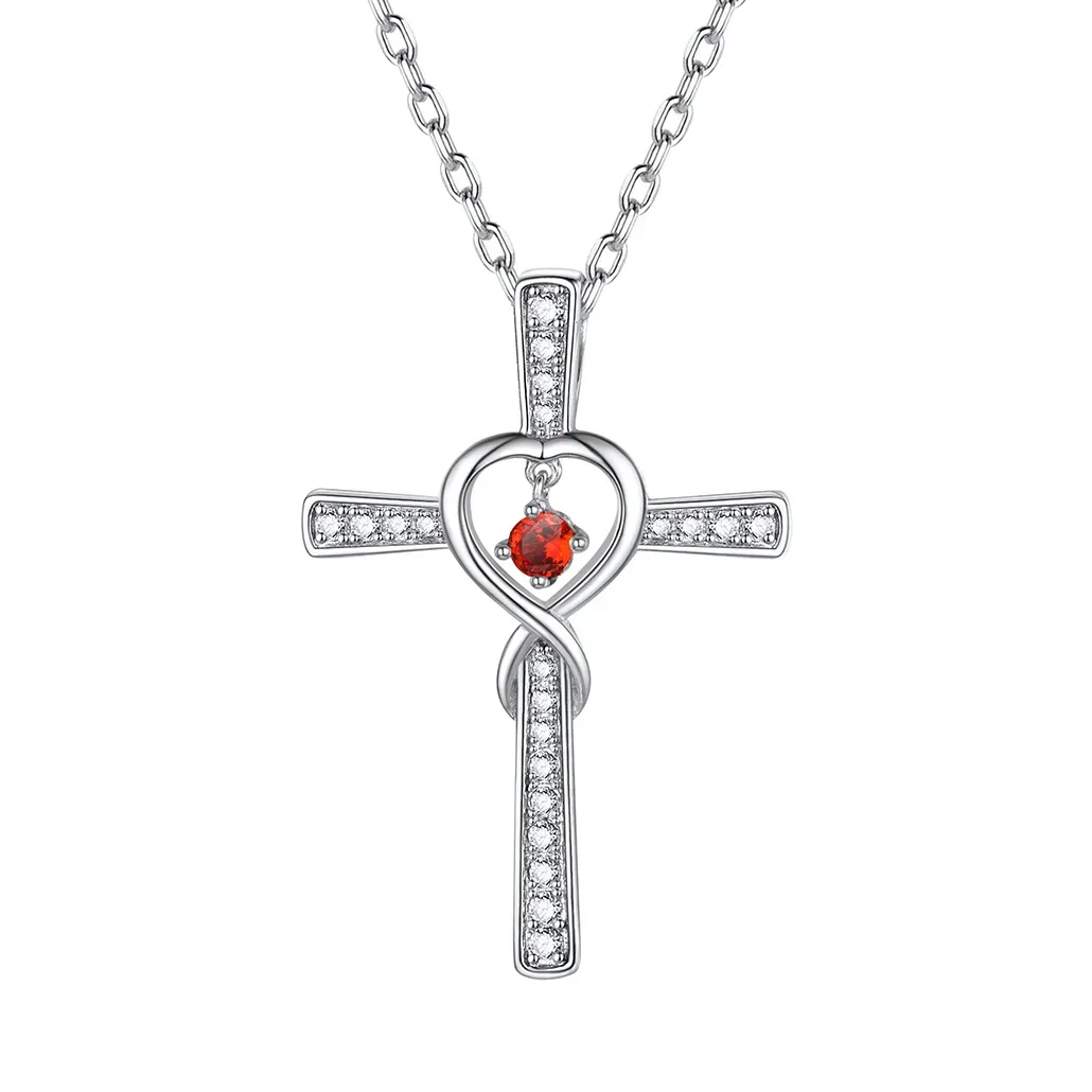 Collier Croix Infini avec Pierre de Naissance en Argent Sterling Juillet-Rubis