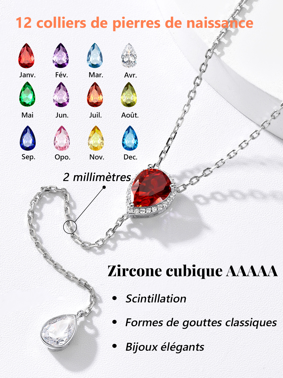 Collier Lariat Goutte d'Eau en Argent Sterling avec Zircons pour Femme Détail