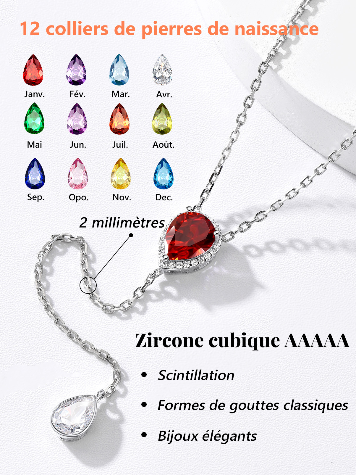 Collier Lariat Goutte d'Eau en Argent Sterling avec Zircons pour Femme Détail