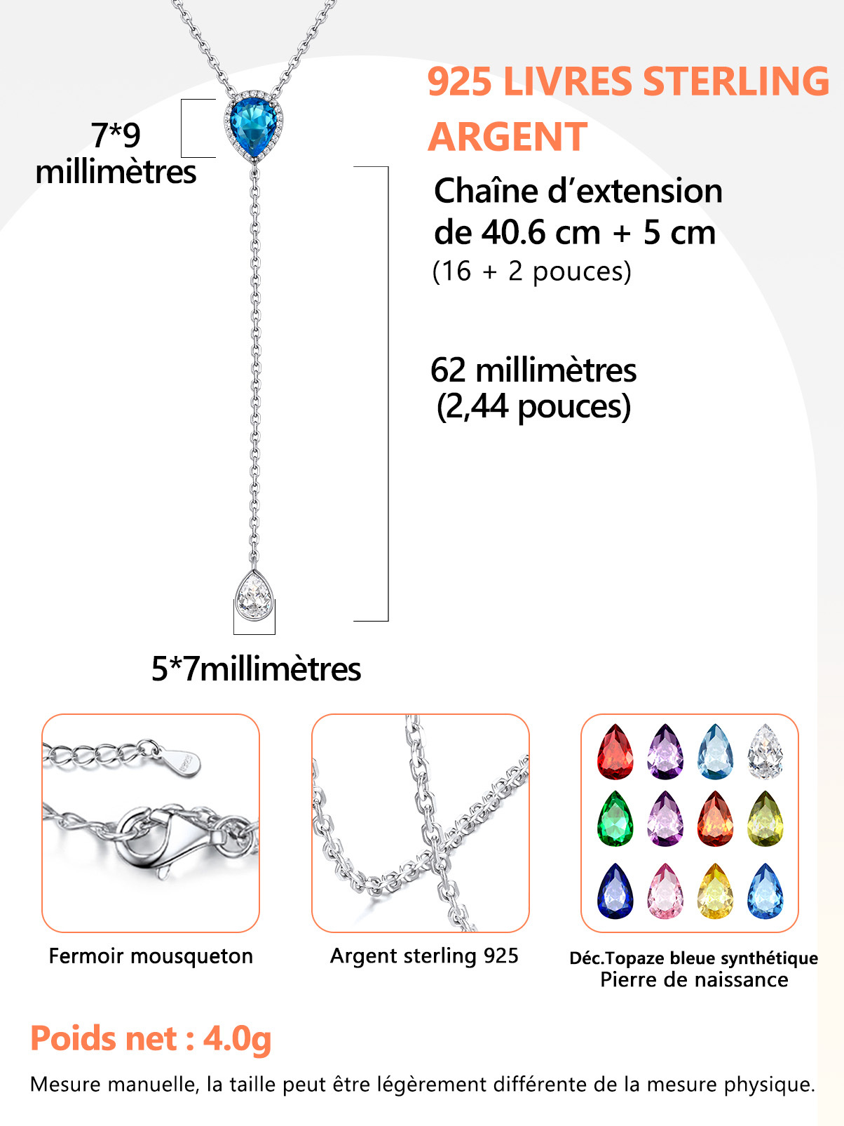 Collier Lariat Goutte d'Eau en Argent Sterling avec Zircons pour Femme Taille