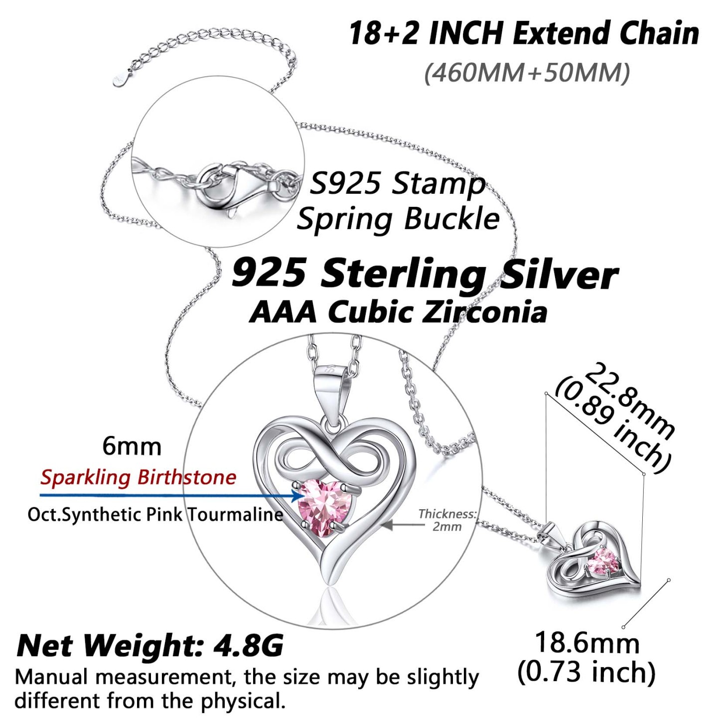 Collier Cœur Infini avec Pierre de Naissance Cadeau de Saint-Valentin Taille