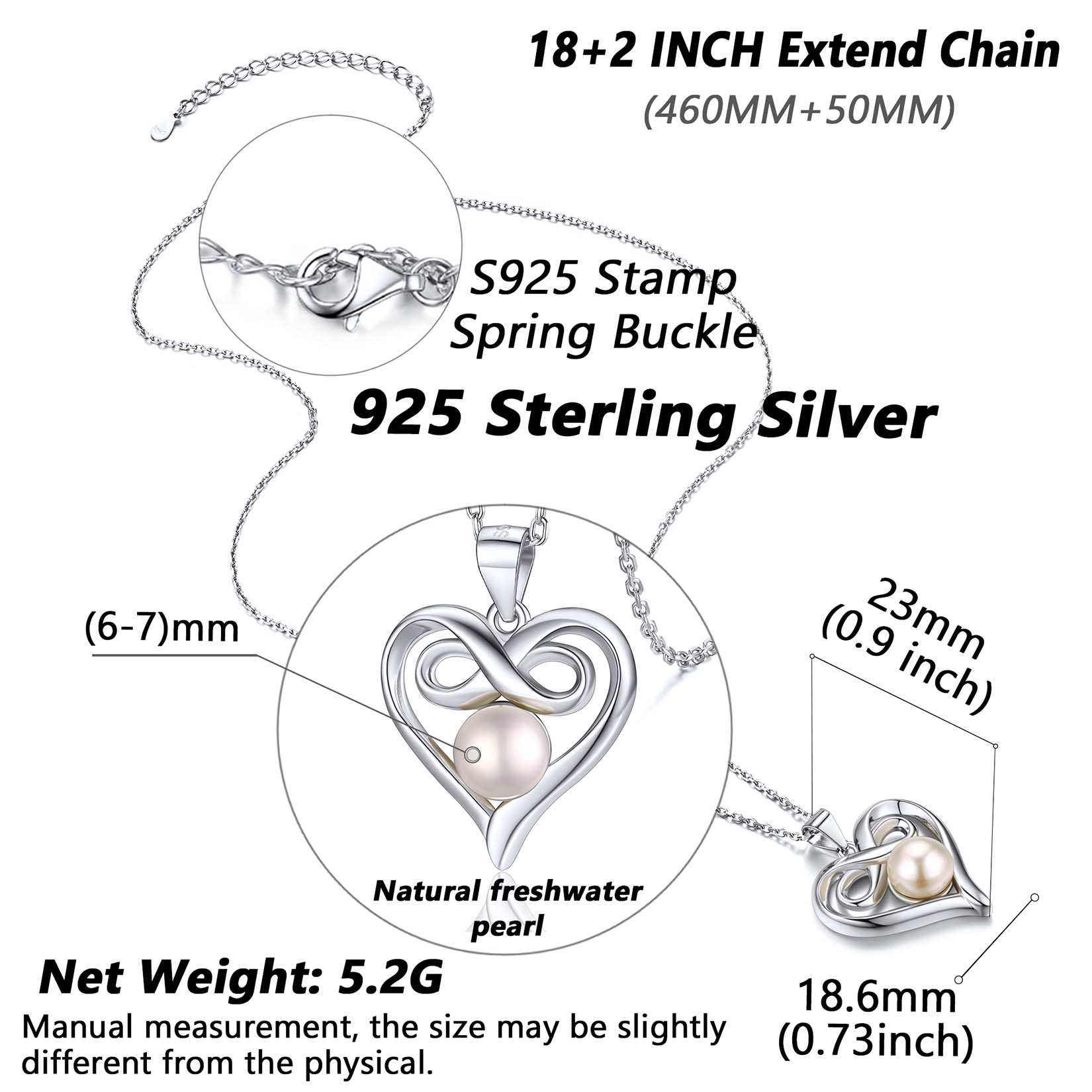 Collier Infini Cœur avec Perles en Argent Sterling pour Femme Taille