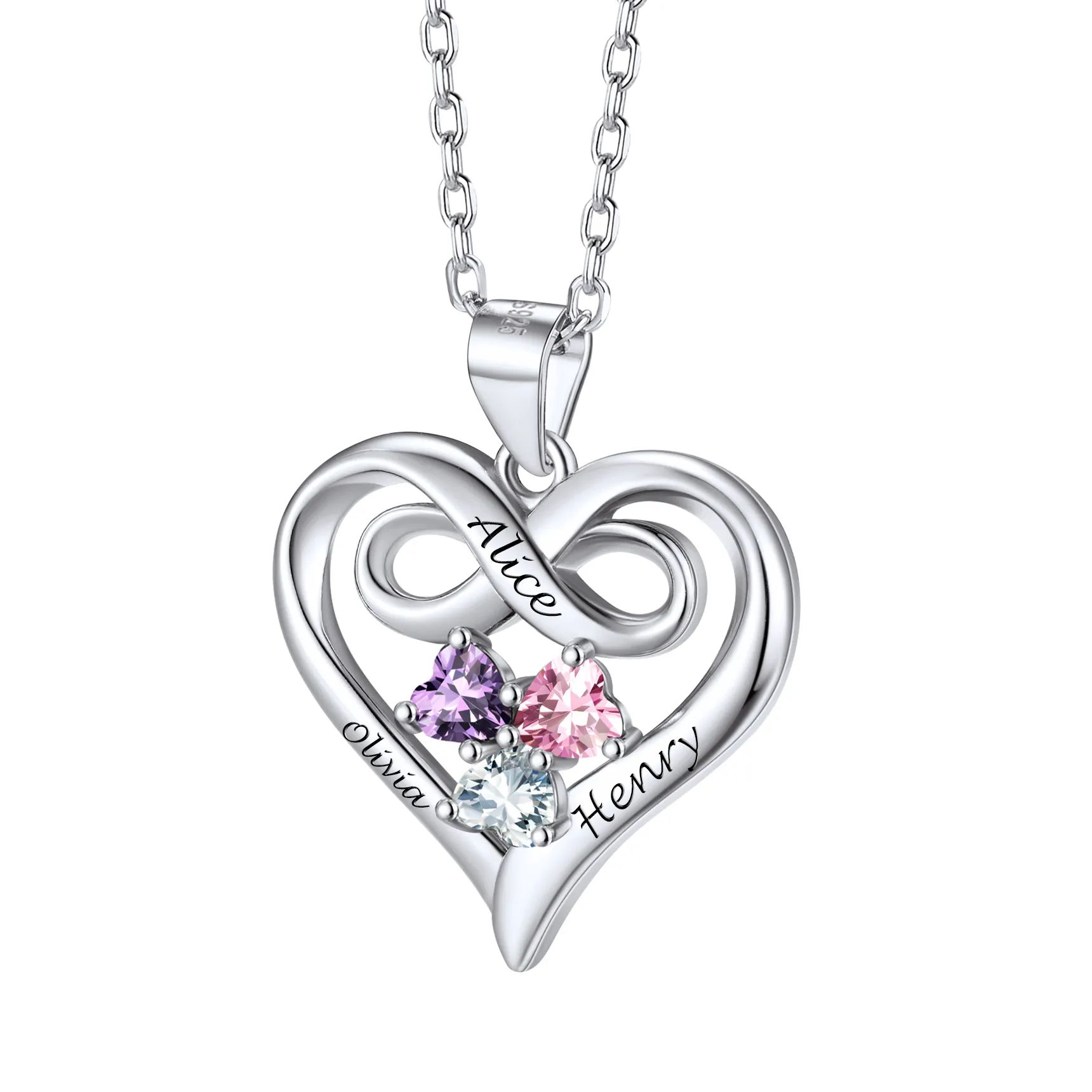 Collier Infini Personnalisé avec 1 à 3 Pierres de Naissance pour Femme Argenté 3 Pierres de naissance