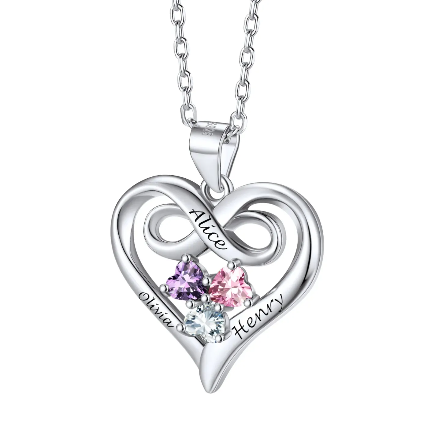 Collier Infini Personnalisé avec 1 à 3 Pierres de Naissance pour Femme Argenté 3 Pierres de naissance