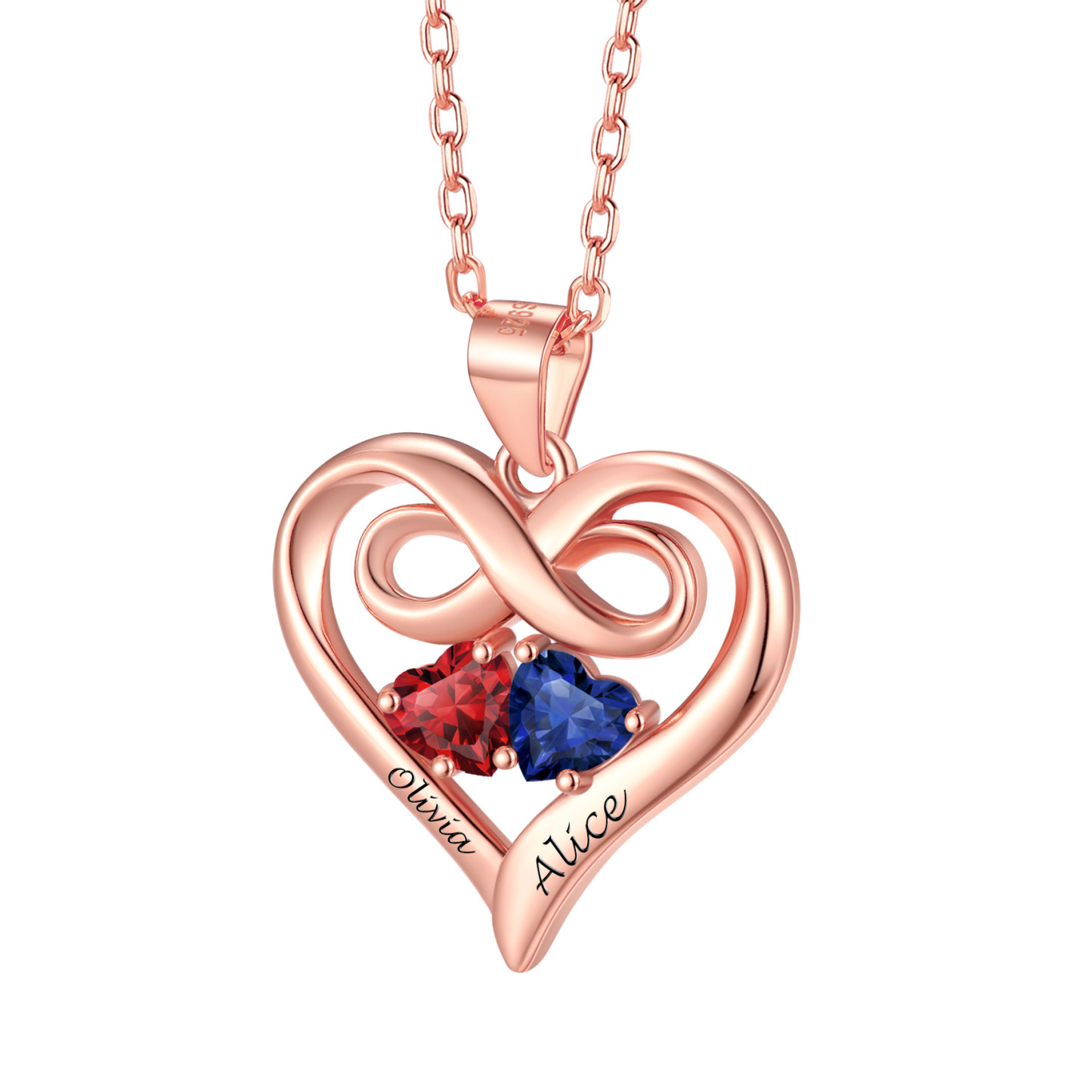 Collier Infini Personnalisé avec 2 Pierres de Naissance pour Femme Or Rose
