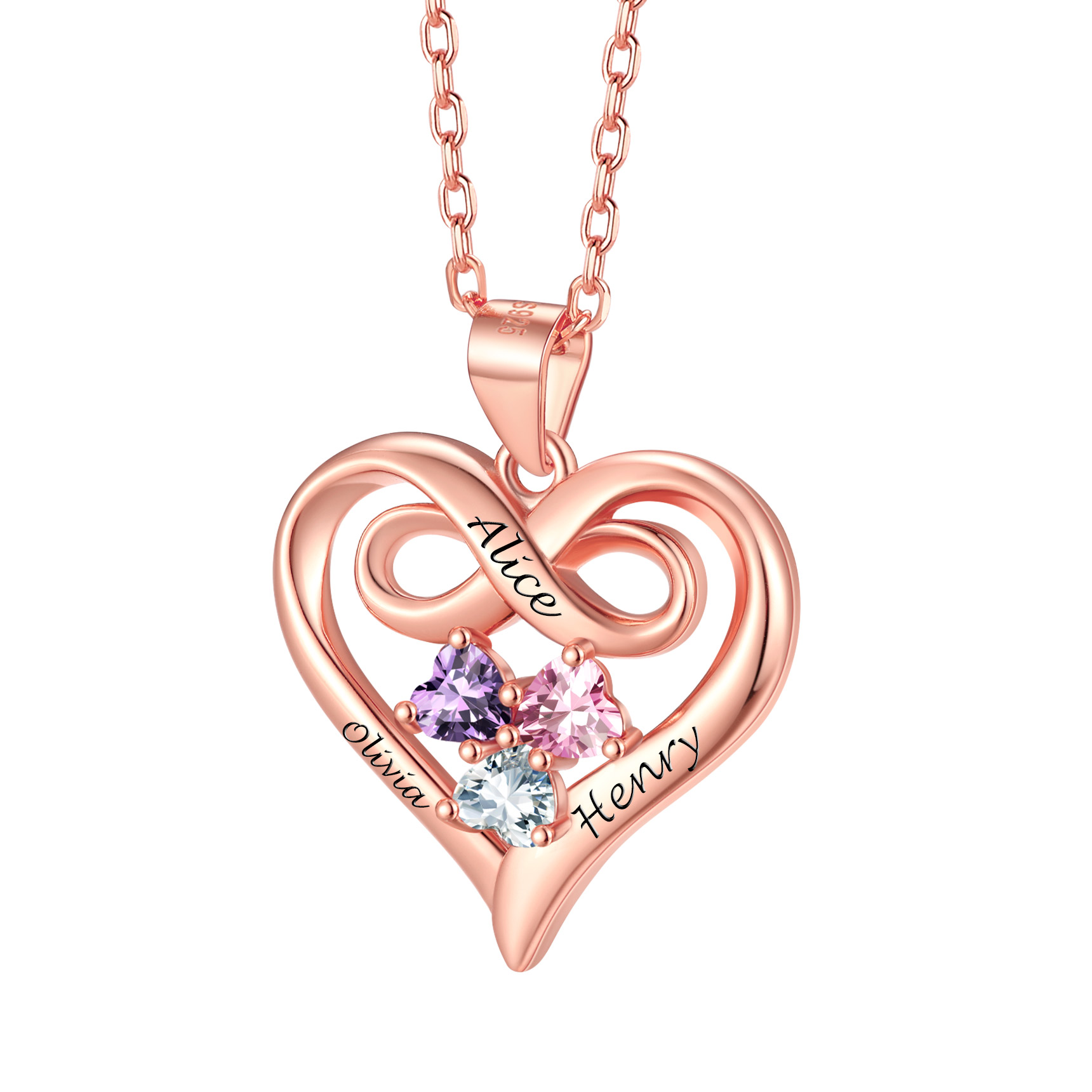Collier Infini Personnalisé avec 3 Pierres de Naissance pour Femme Or Rose