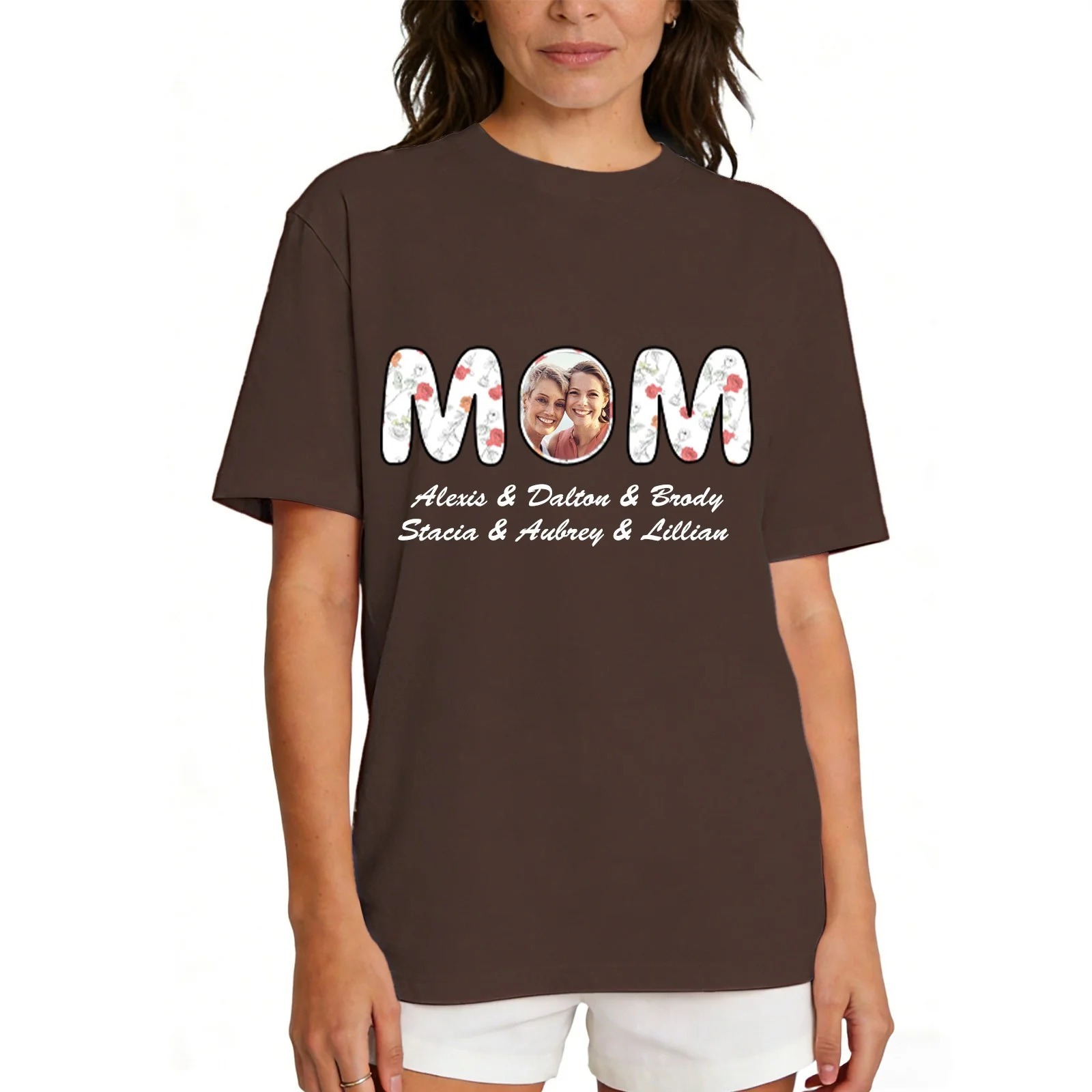 T-shirt Personnalisé Photo & Noms pour Maman avec Fleurs