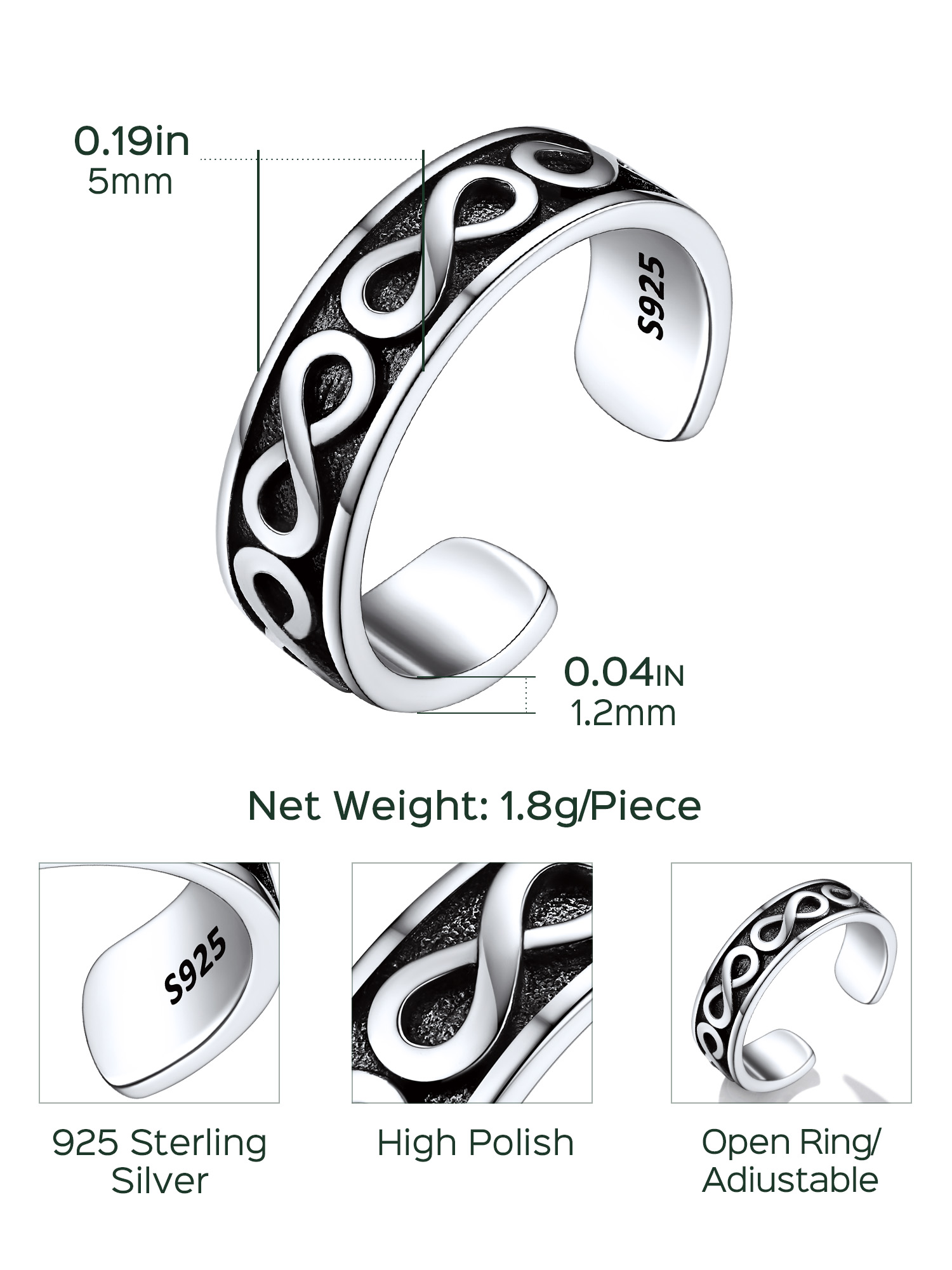 Bague d’Orteil Inifi Ajustable en Argent 925 pour Femme Taille