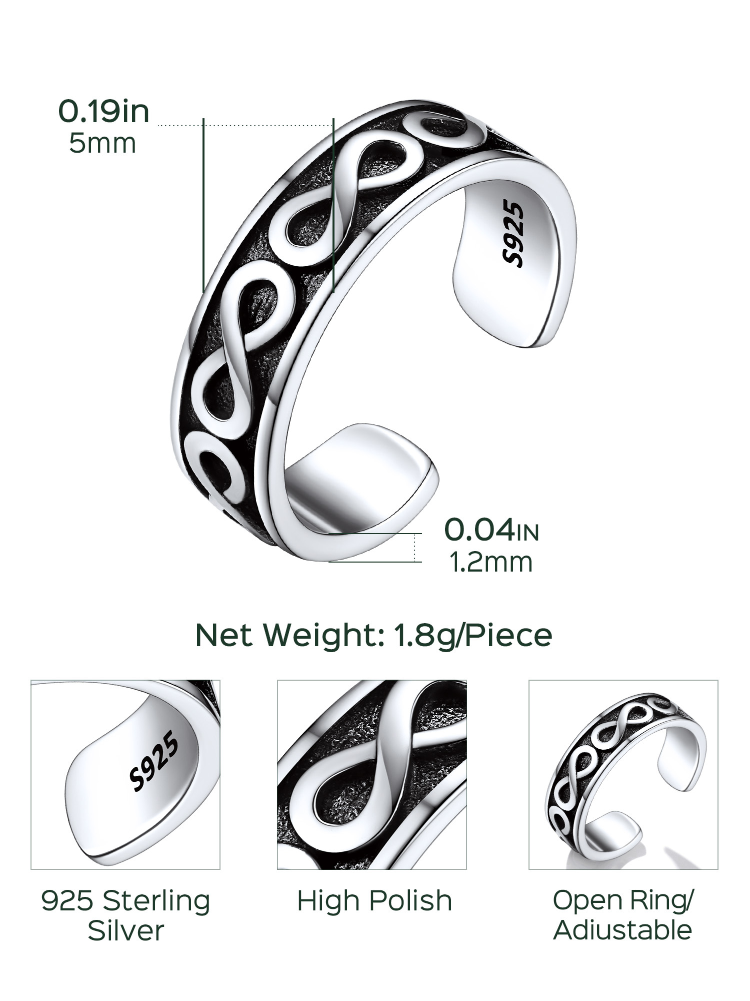 Bague d’Orteil Inifi Ajustable en Argent 925 pour Femme Taille