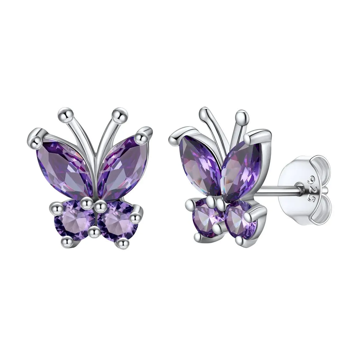 Boucles d'Oreilles Clous en Argent Sterling 925 avec Pierre de Naissance et Papillon pour Femmes Février